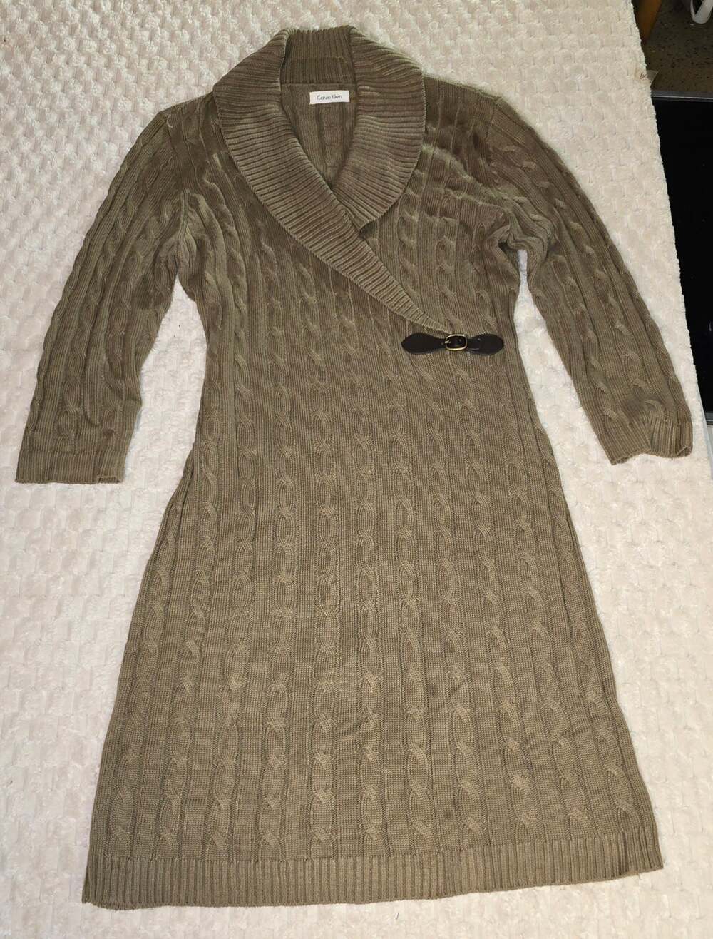Calvin Klein Womens L Sweater Dress Cable Knit Shawl Collar Buckle Taupe Midi